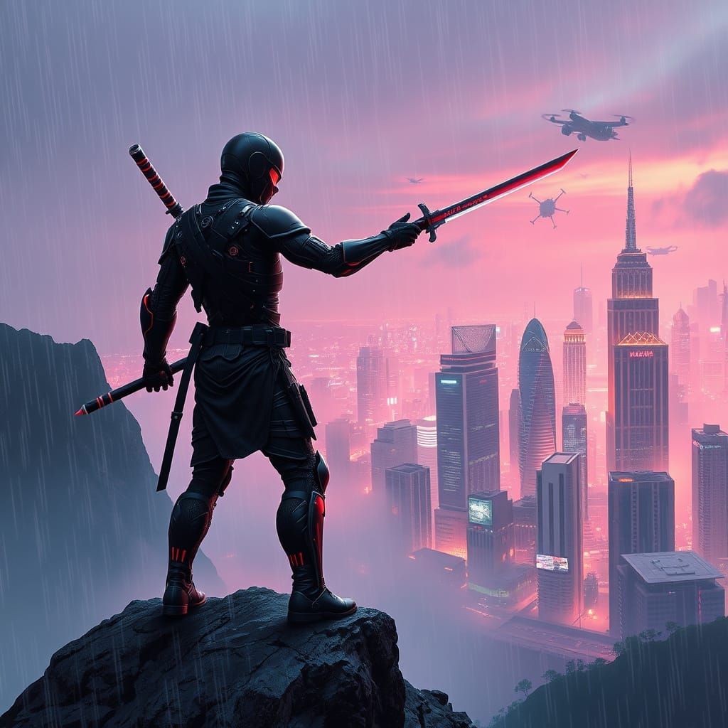 Cyborg Ninja Over Cyberpunk Cityscape