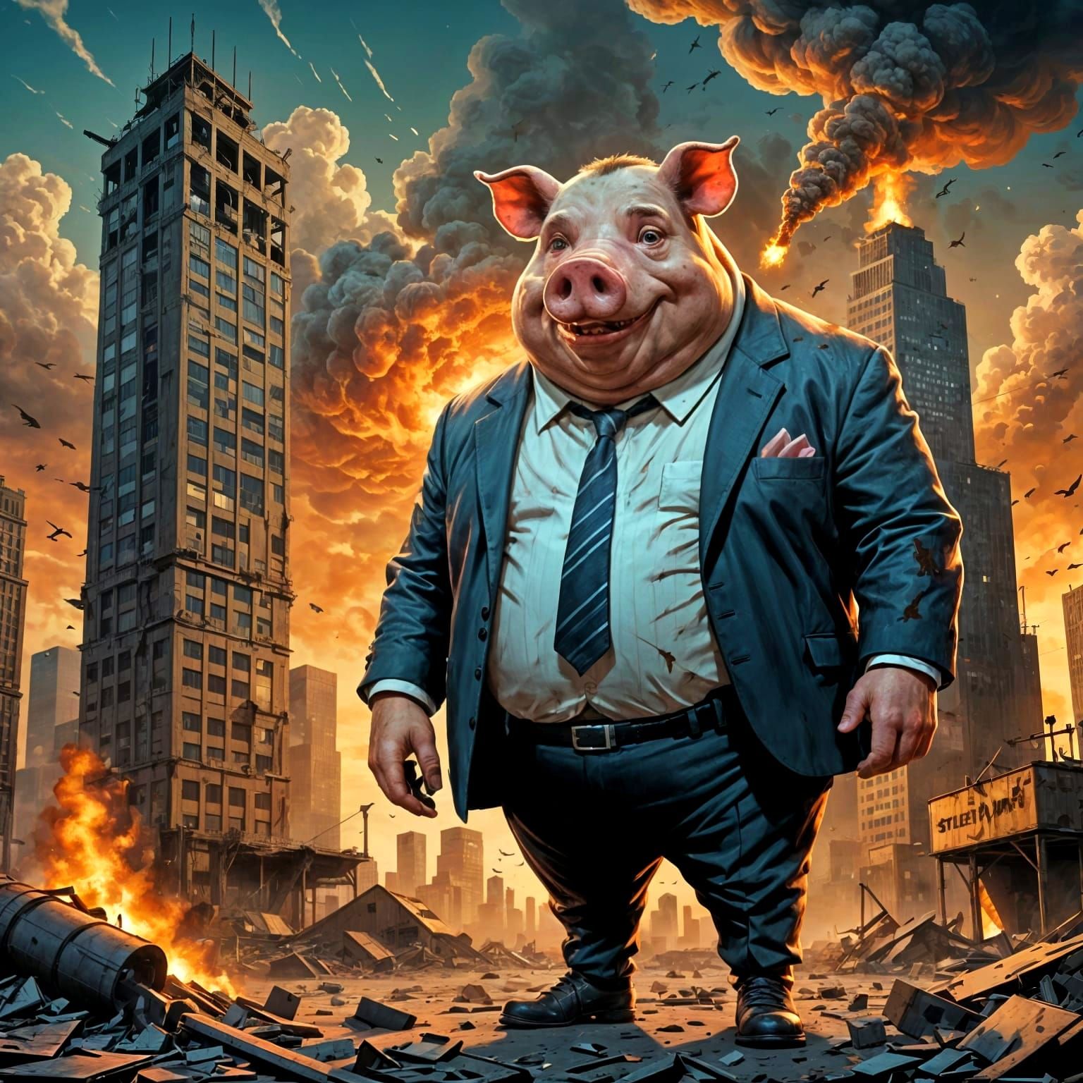 Dystopian Pig in Post-Apocalyptic City