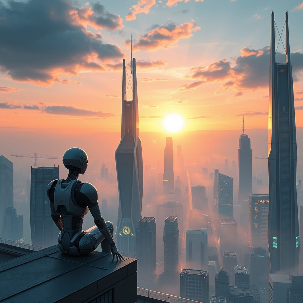 Futuristic Metropolis at Twilight, Robot Contemplating Citys...
