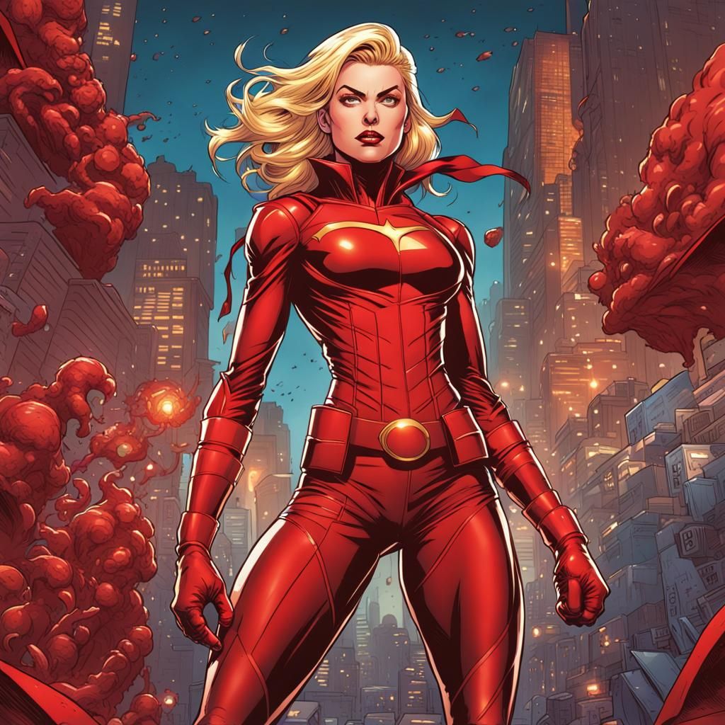 Comic Style Blonde Supervillain in Red Suit