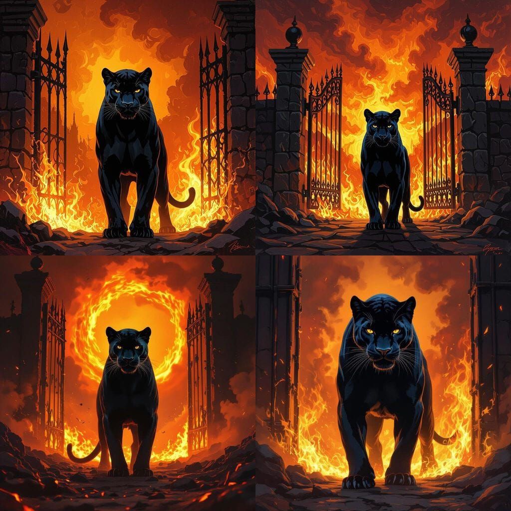 Black Panther at Gates of Hell Amidst Fiery Oranges and Yell...