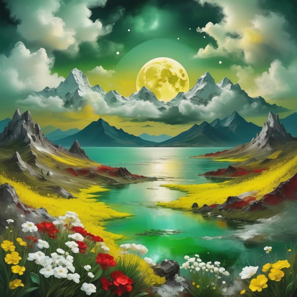 Surreal Landscape with Green Moon as Impasto Painting