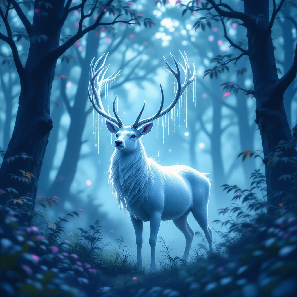 Ethereal White Stag in a Mystical Forest Scene