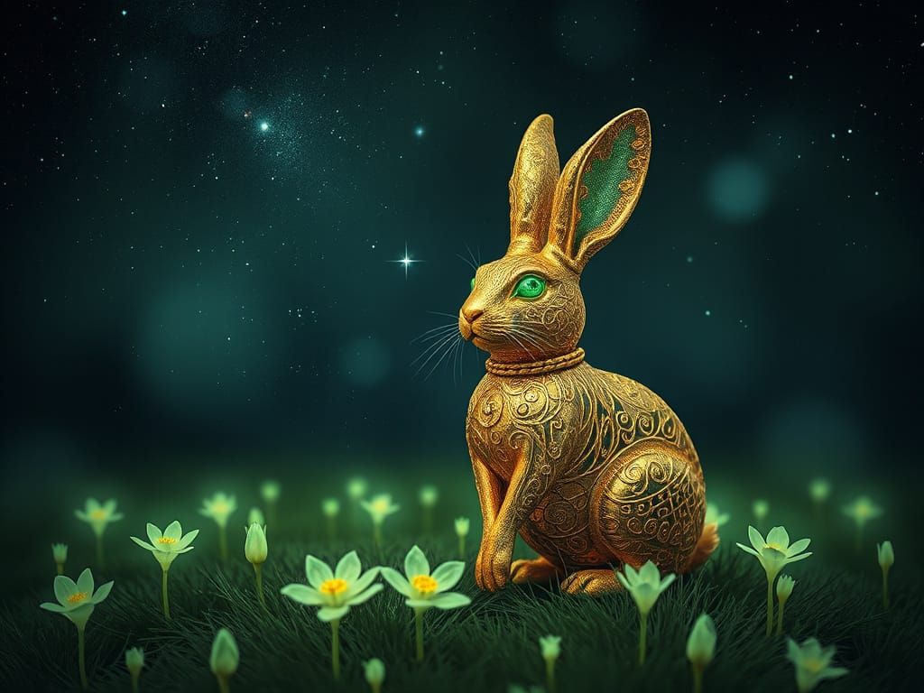 Golden Rabbit with Emerald Eyes in Bioluminescent Field
