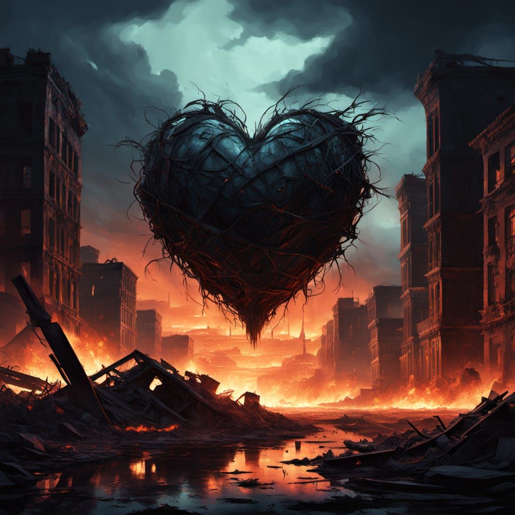 In a desolate, post-apocalyptic cityscape, a colossal heart ...