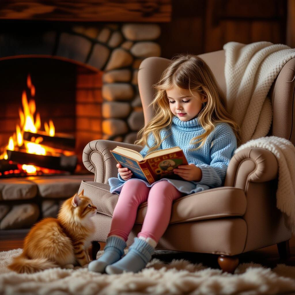 Cozy Scene: Girl Reading by Fireplace with Kitten