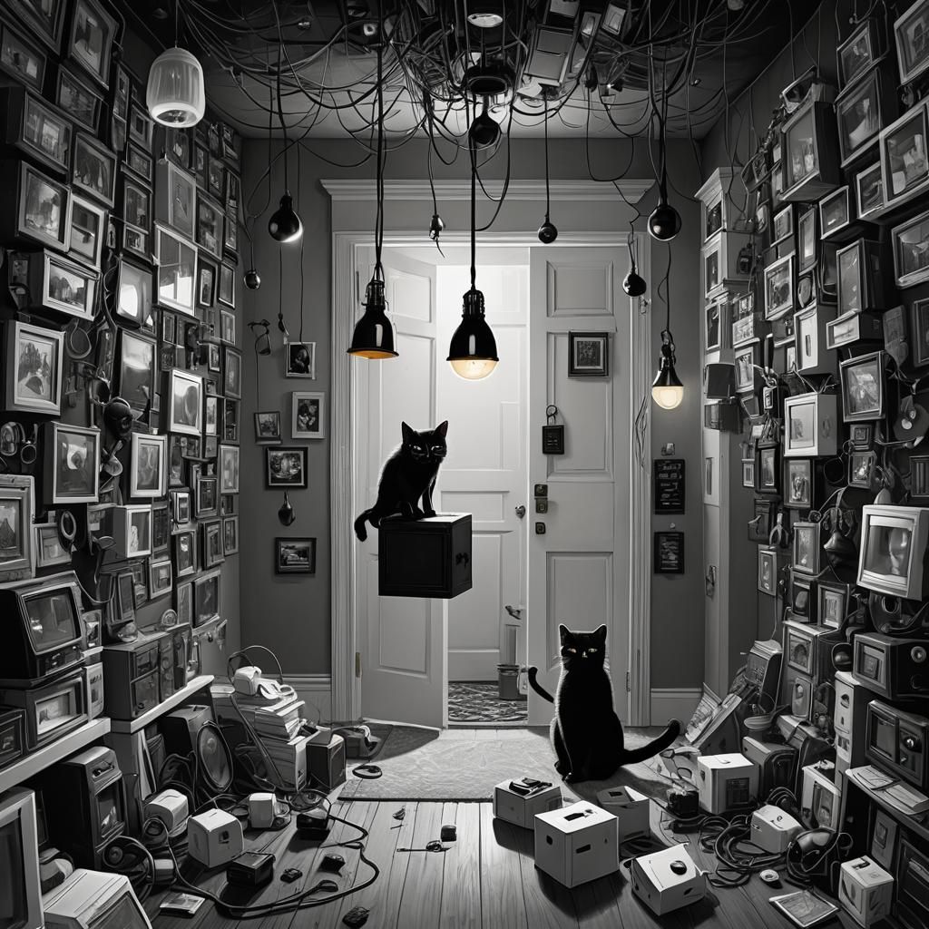 Surreal White Room with Black Objects: Digital Art