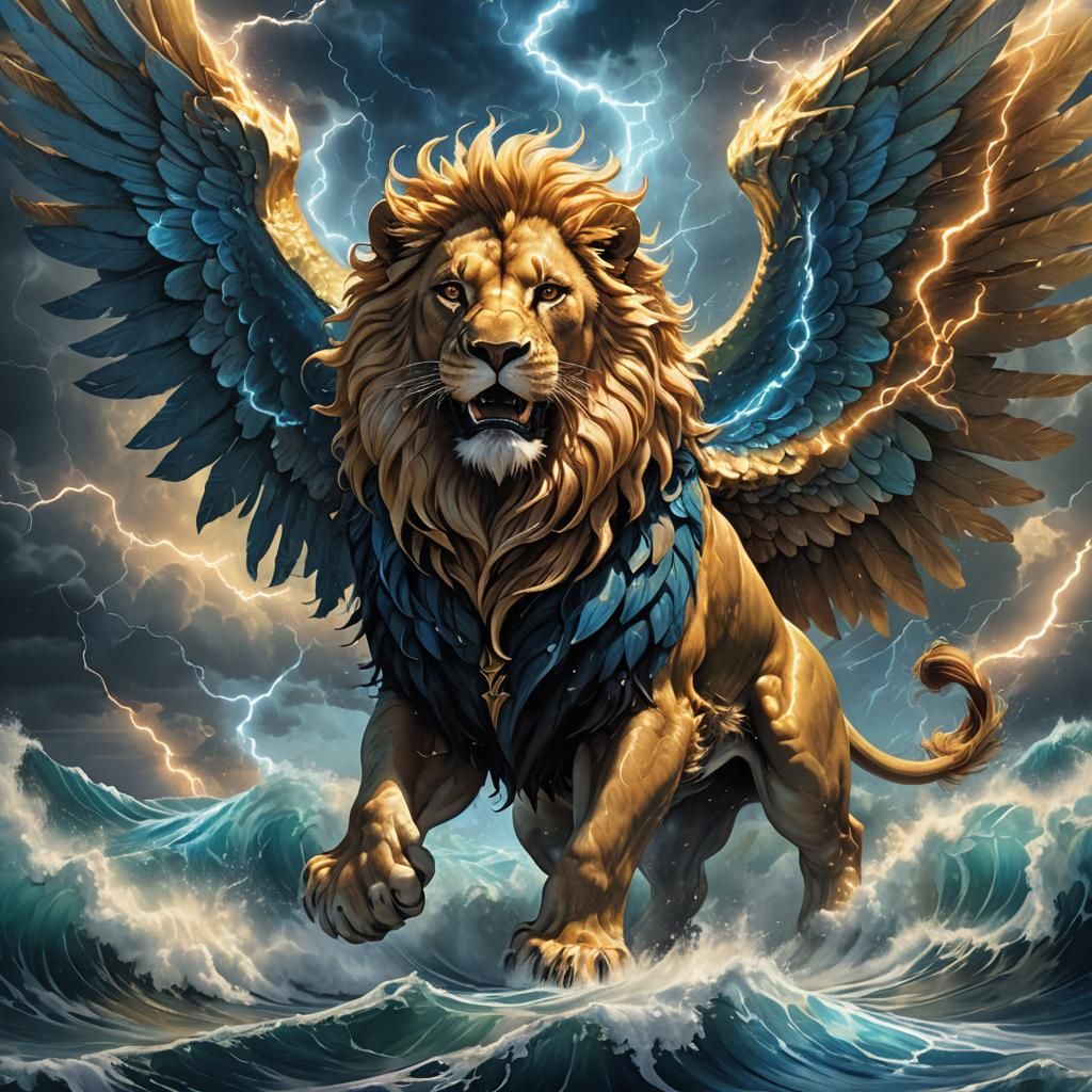 Winged Lion Emerges from Stormy Seas