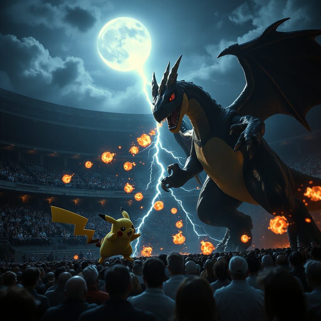 Epic Pokémon Battle in Ancient Colosseum at Moonlight