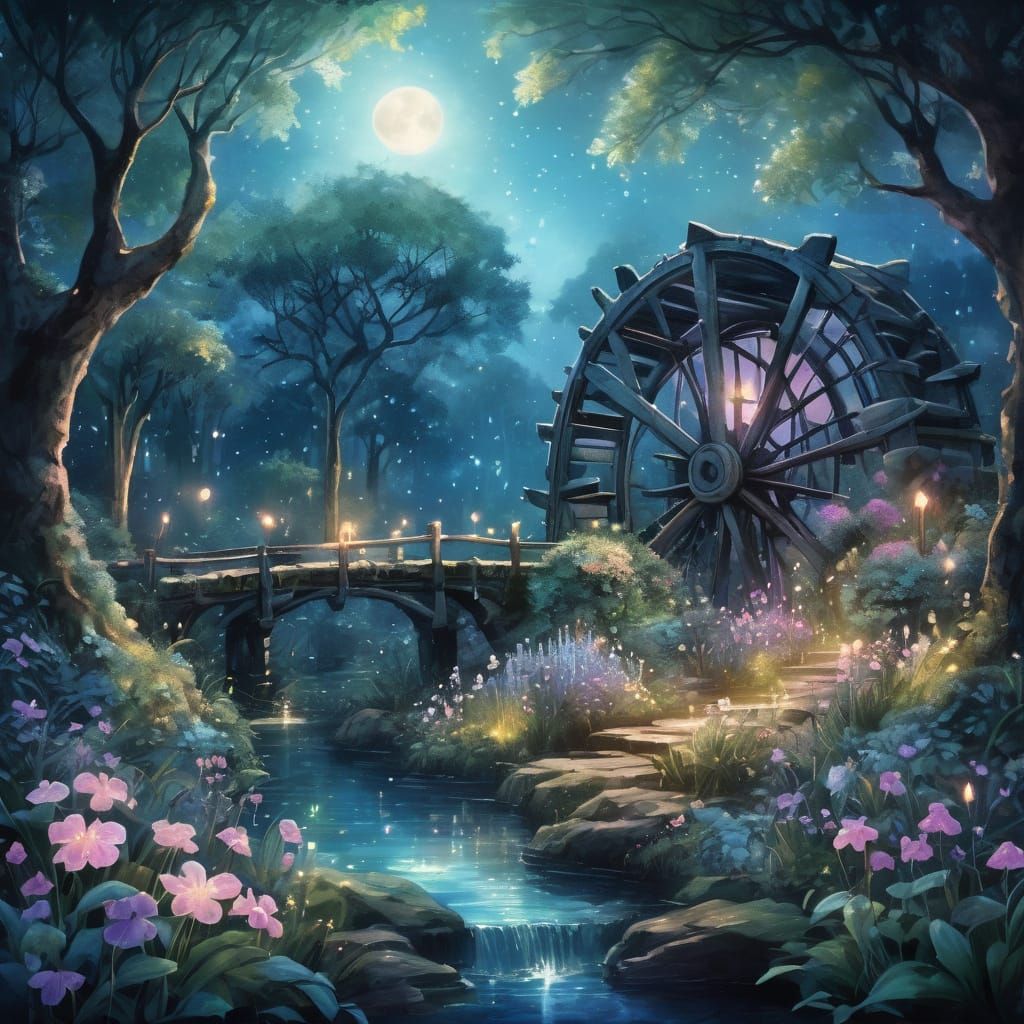 Whimsical Waterwheel Scene in Pastel Hues