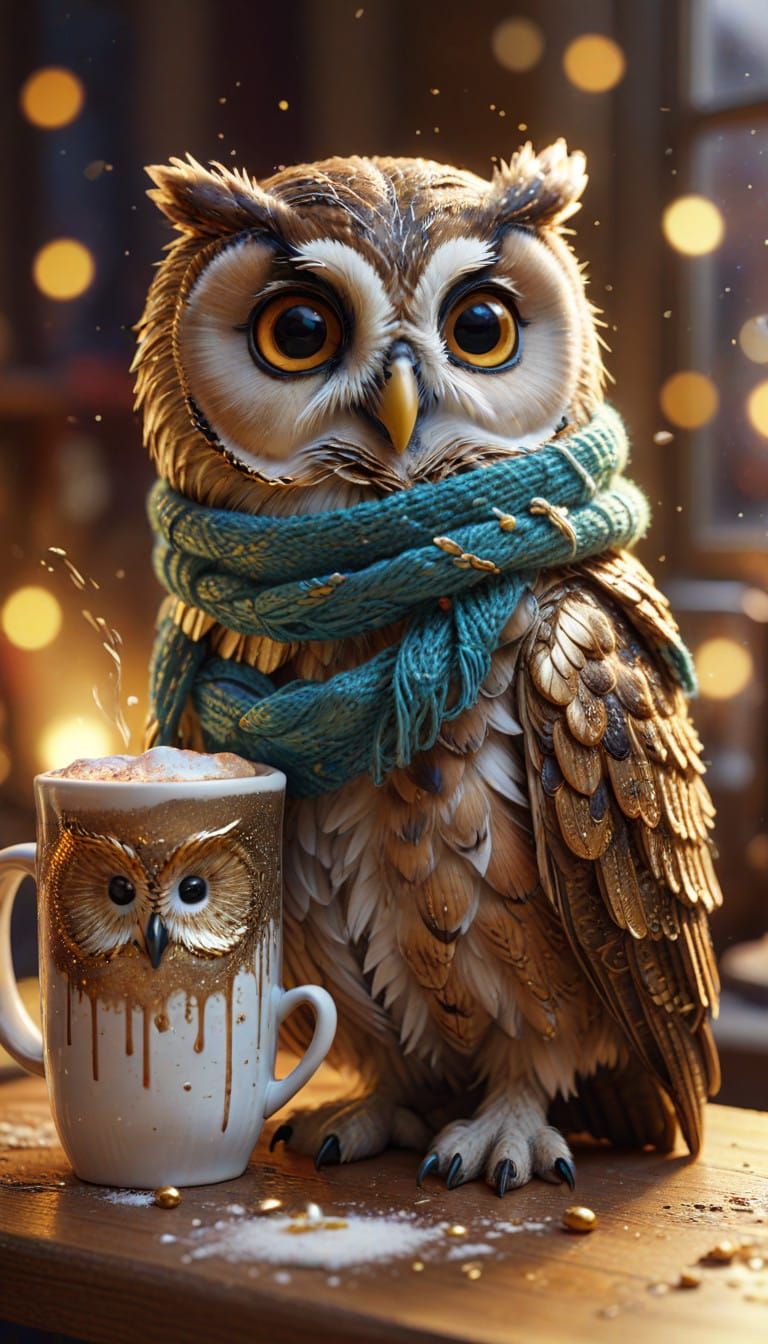 Whimsical Owl in Cozy Winter Scene