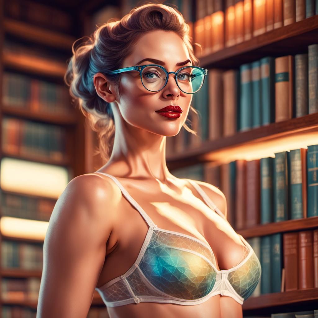 Woman in Library with Iridescent Glow