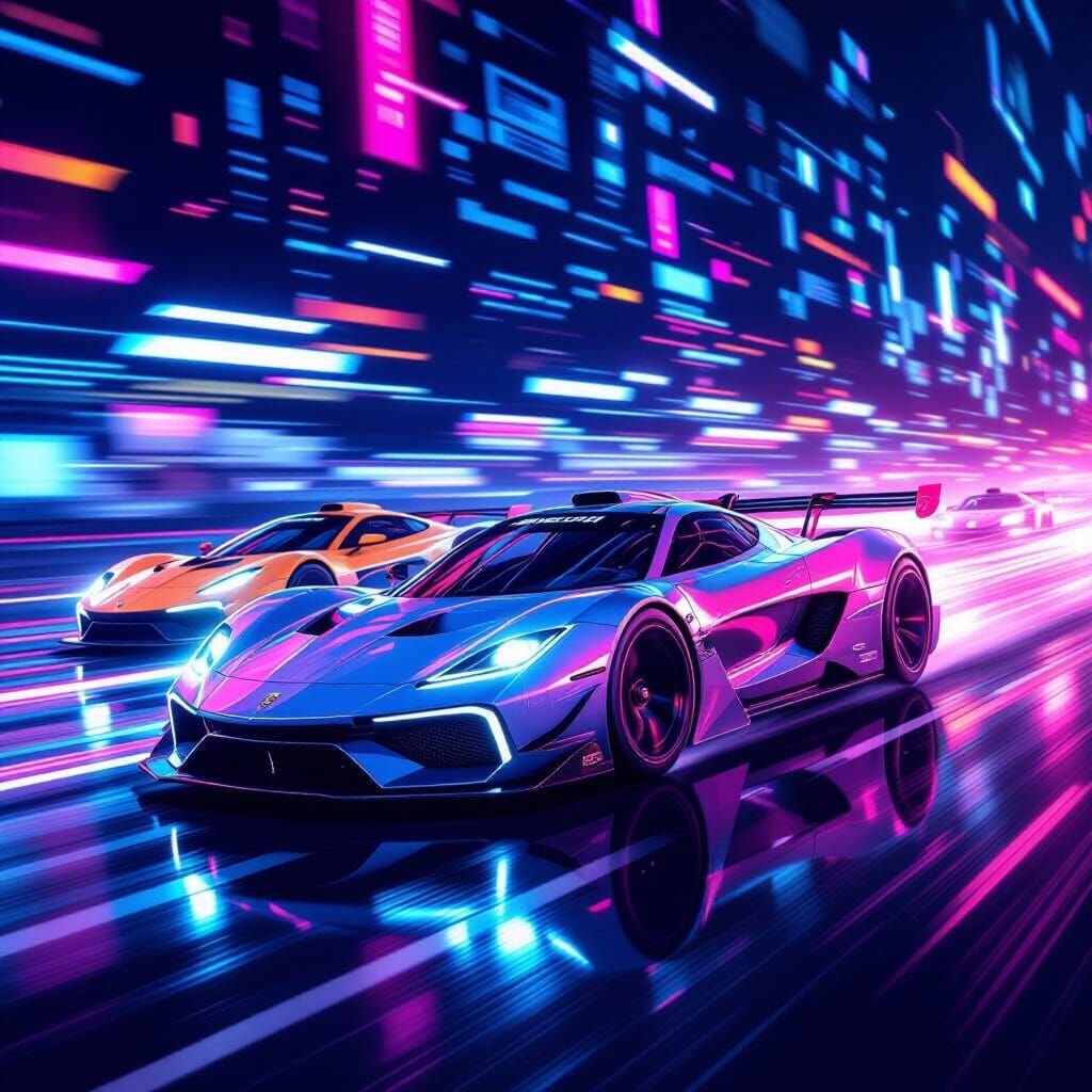 Abstract Car Race with Neon Streaks