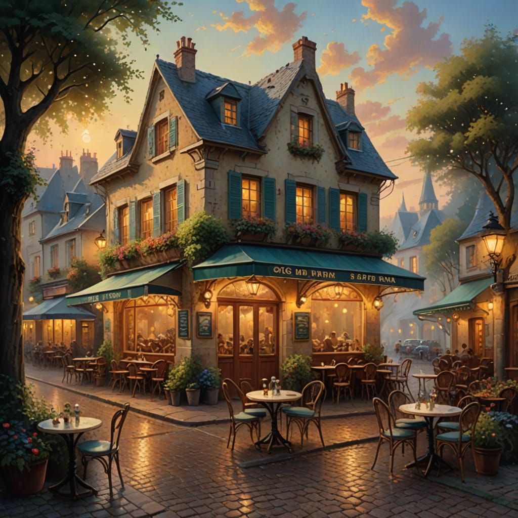 Ethereal French Café in Summer Evening, Oil Painting