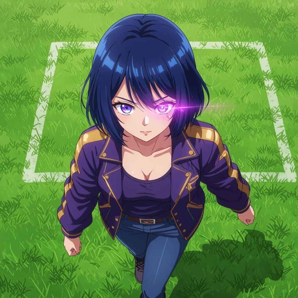 Anime Woman with Glowing Eyes in Training Area