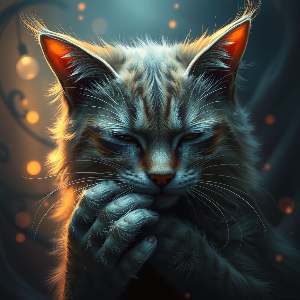Whiskered Feline in Mystical Self-Grooming