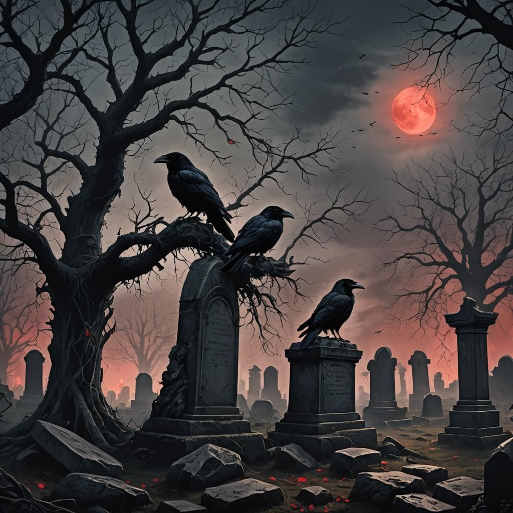 Ravens in Moonlit Graveyard: Dark Fantasy Illustration