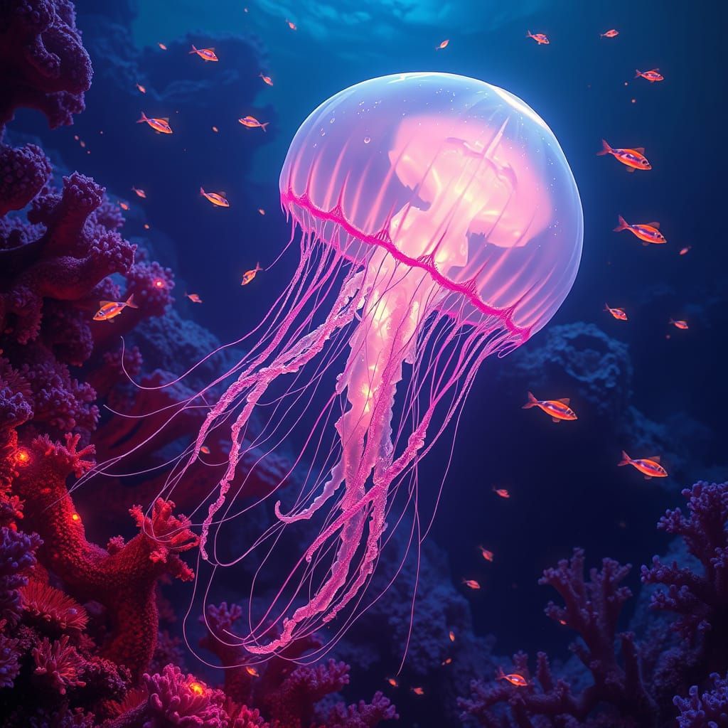 Bioluminescent Jellyfish Drifting Through Alien Coral Reef