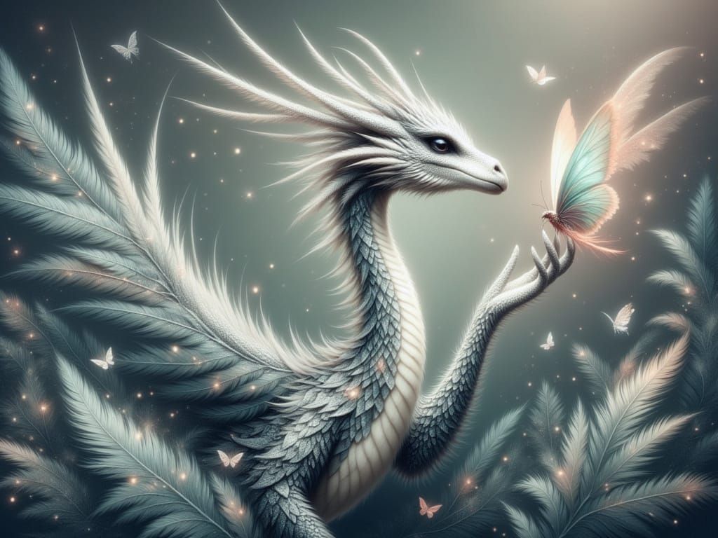Silver Dragon Admiring Butterfly Among Ferns