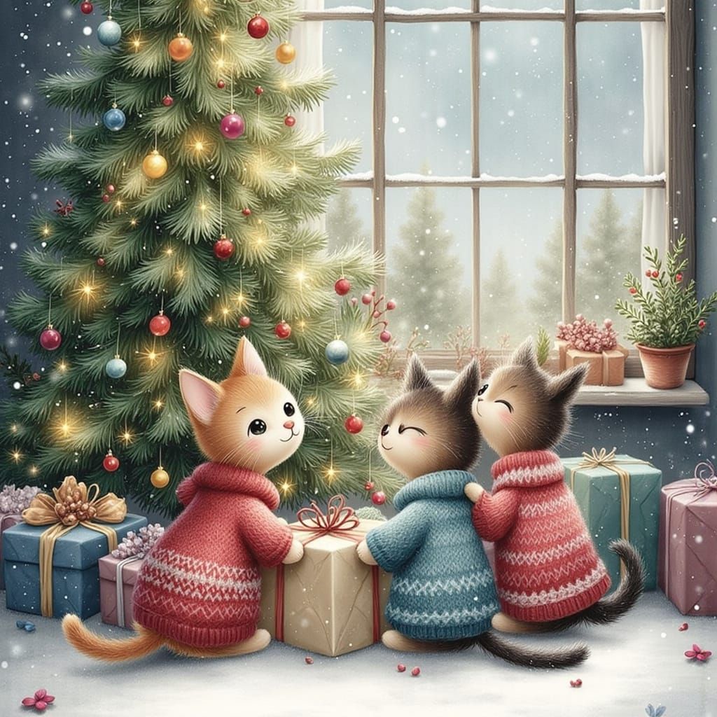 Kittens Decorate for Christmas in Watercolour Style