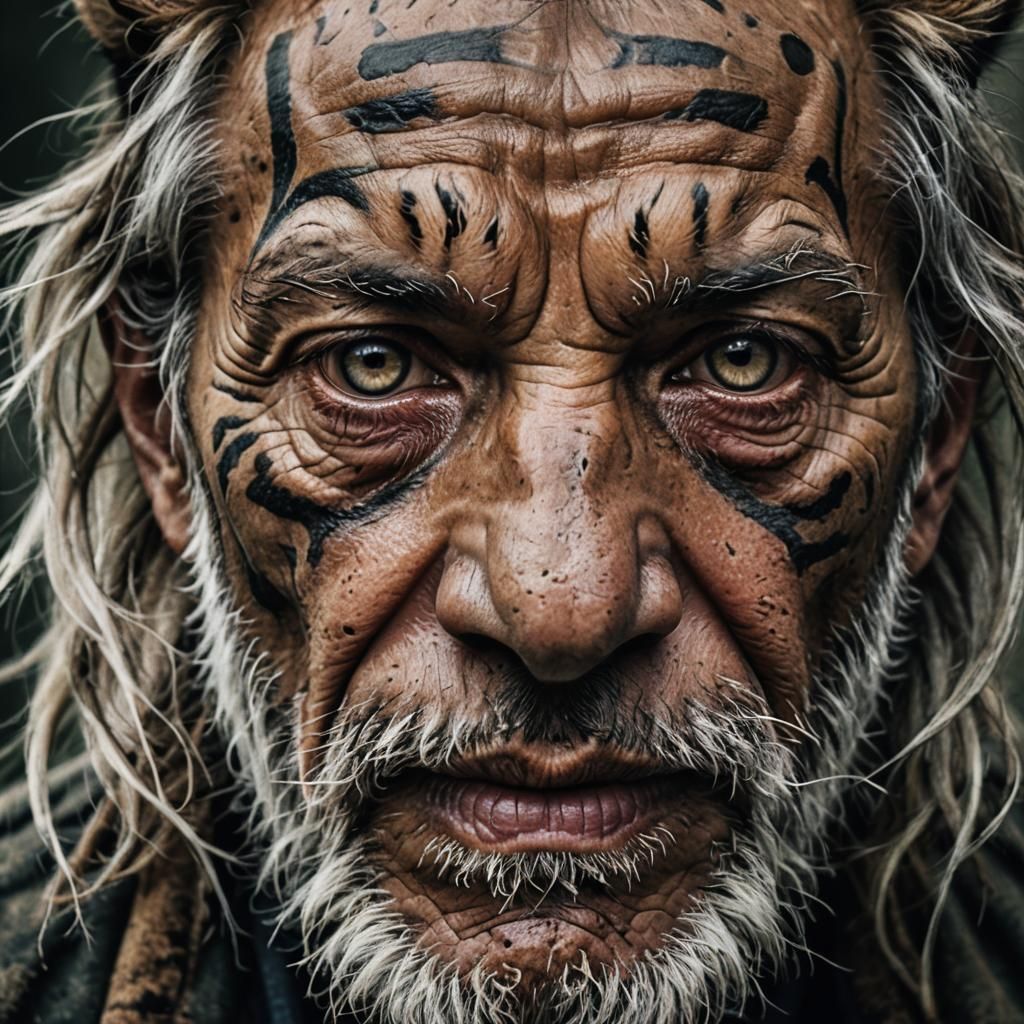 Surreal Tiger-Faced Old Man Portrait
