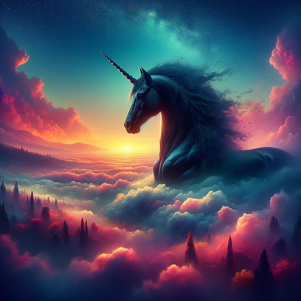 Majestic Black Unicorn Erupts from Morning Mist