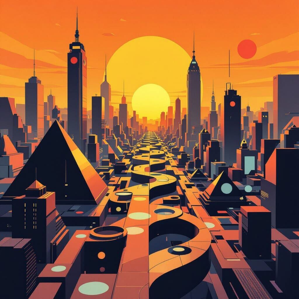 Geometric Futuristic Cityscape in Constructivist Style