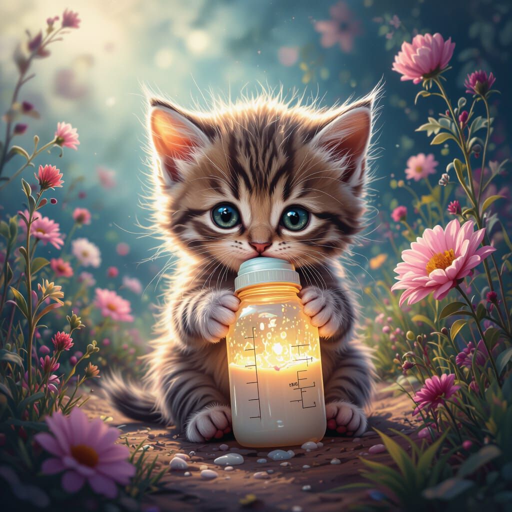Tiny Kitten Bottle Feeding in Surreal Fantasy Landscape