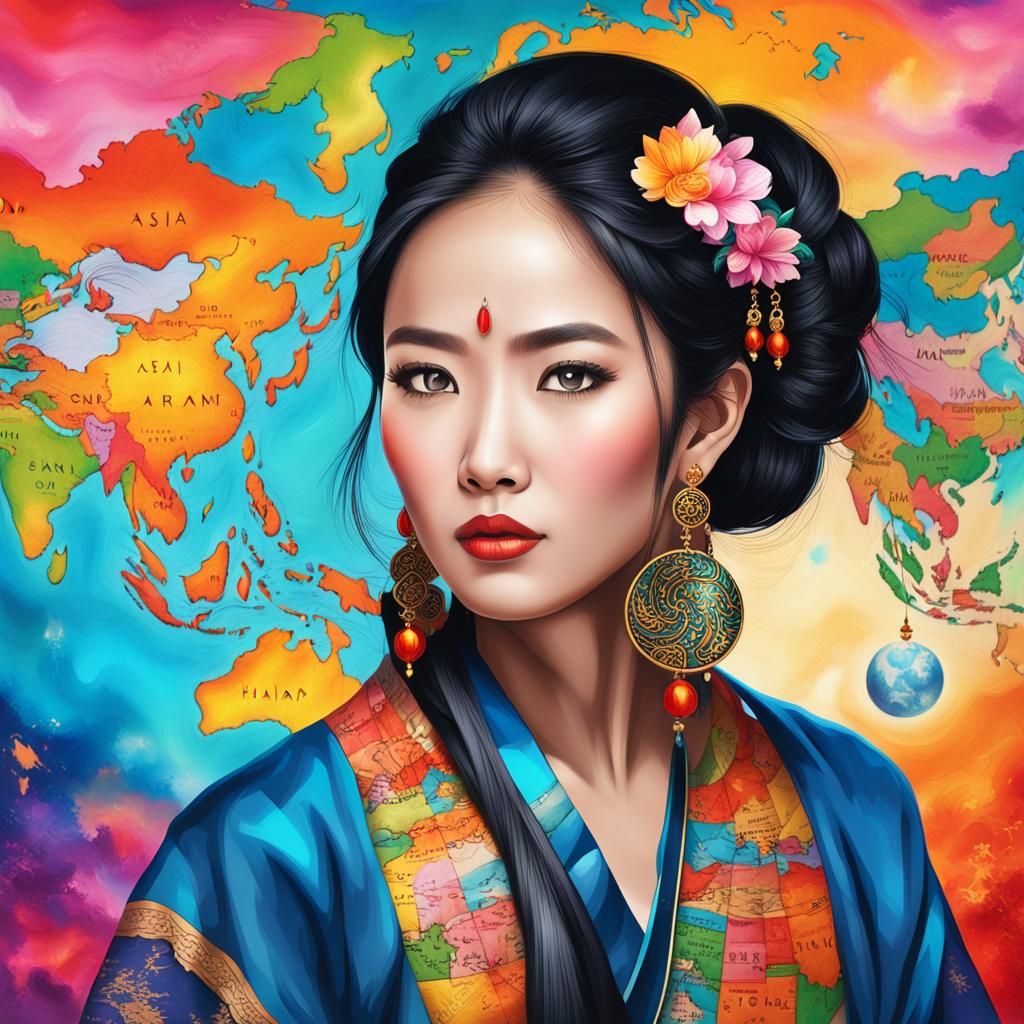 Asian Woman with Asia Charm in Hair, Digital Painting