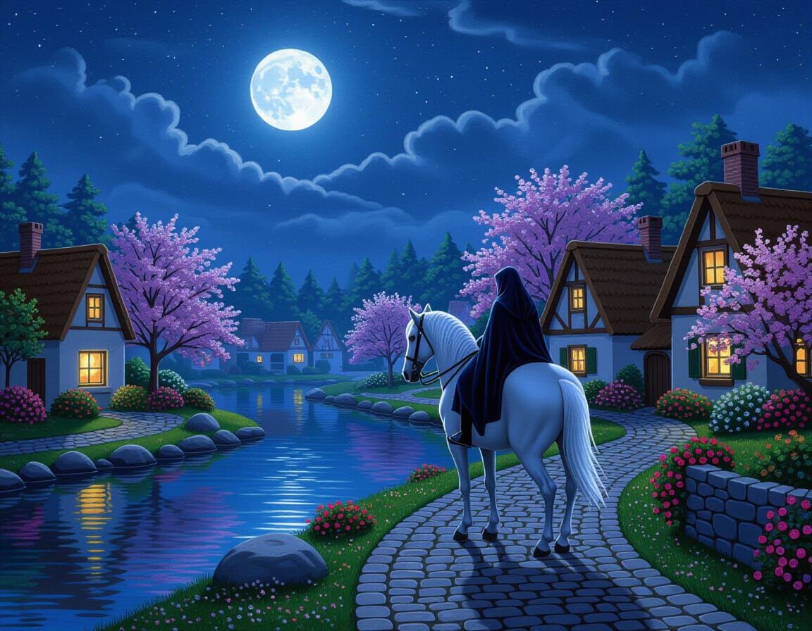 Cloaked Rider on White Horse by River