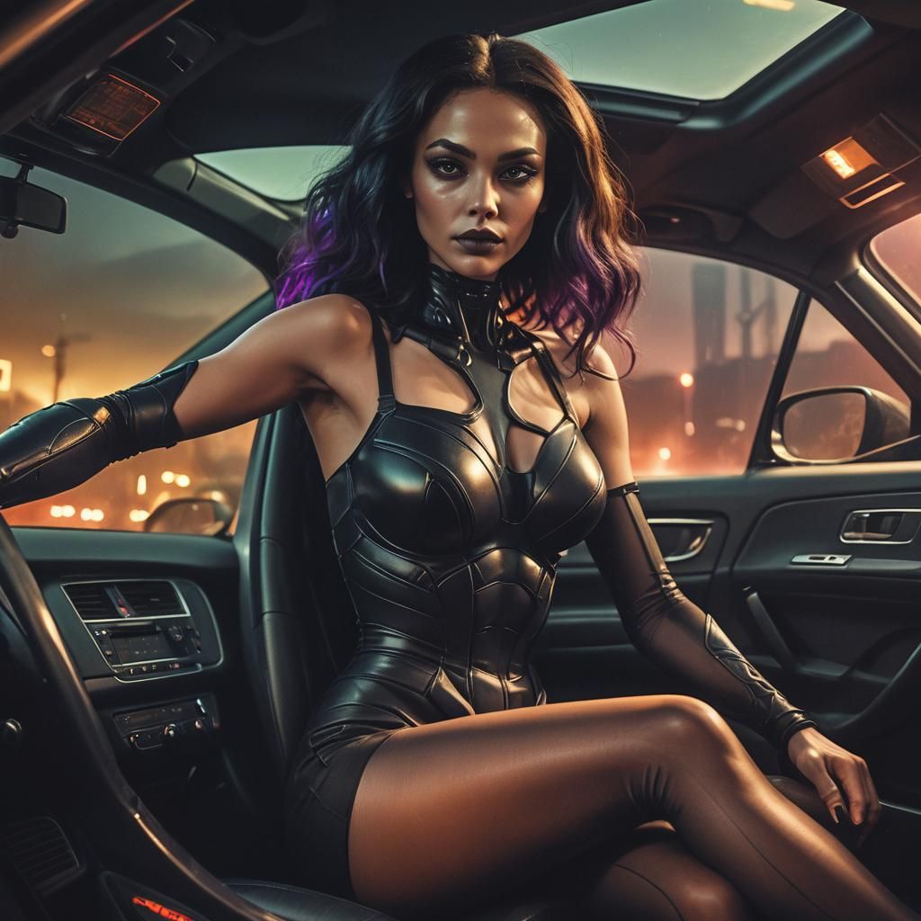 Alien Woman in Car: Hyper-Realistic Sci-Fi Art
