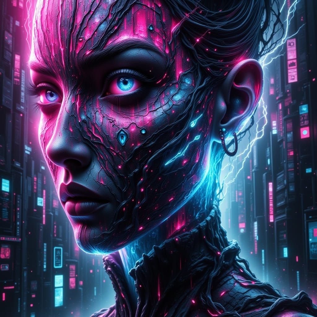 Cyberpunk Girl Glitch Art in Synthwave Cyberspace