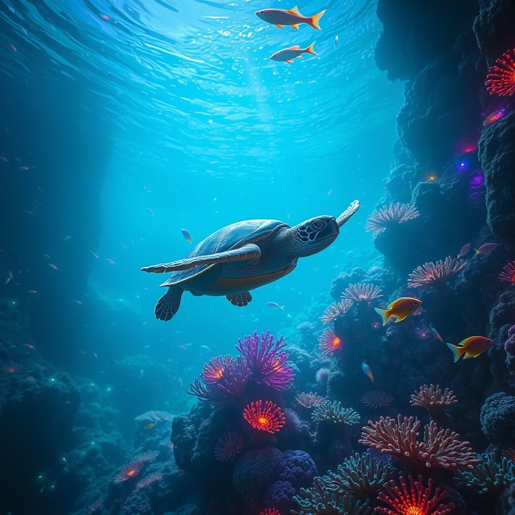 Bioluminescent Ocean with Glowing Coral Reefs and Turtle