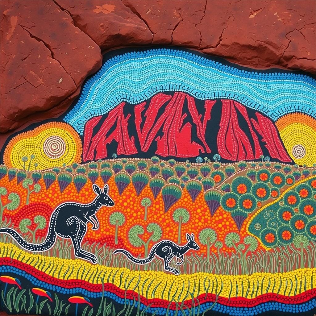 Aboriginal Painting of Kangaroos near Uluru
