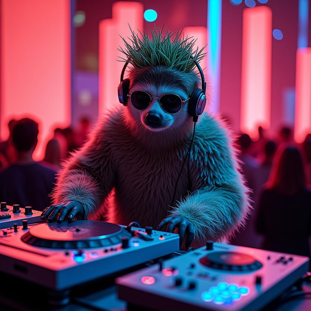 DJ Sloth in Op-Art Style with Geometric Forms