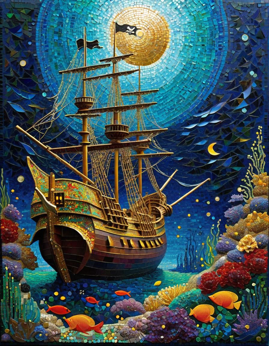Underwater Mosaic Pirate Ship in Art Deco Style