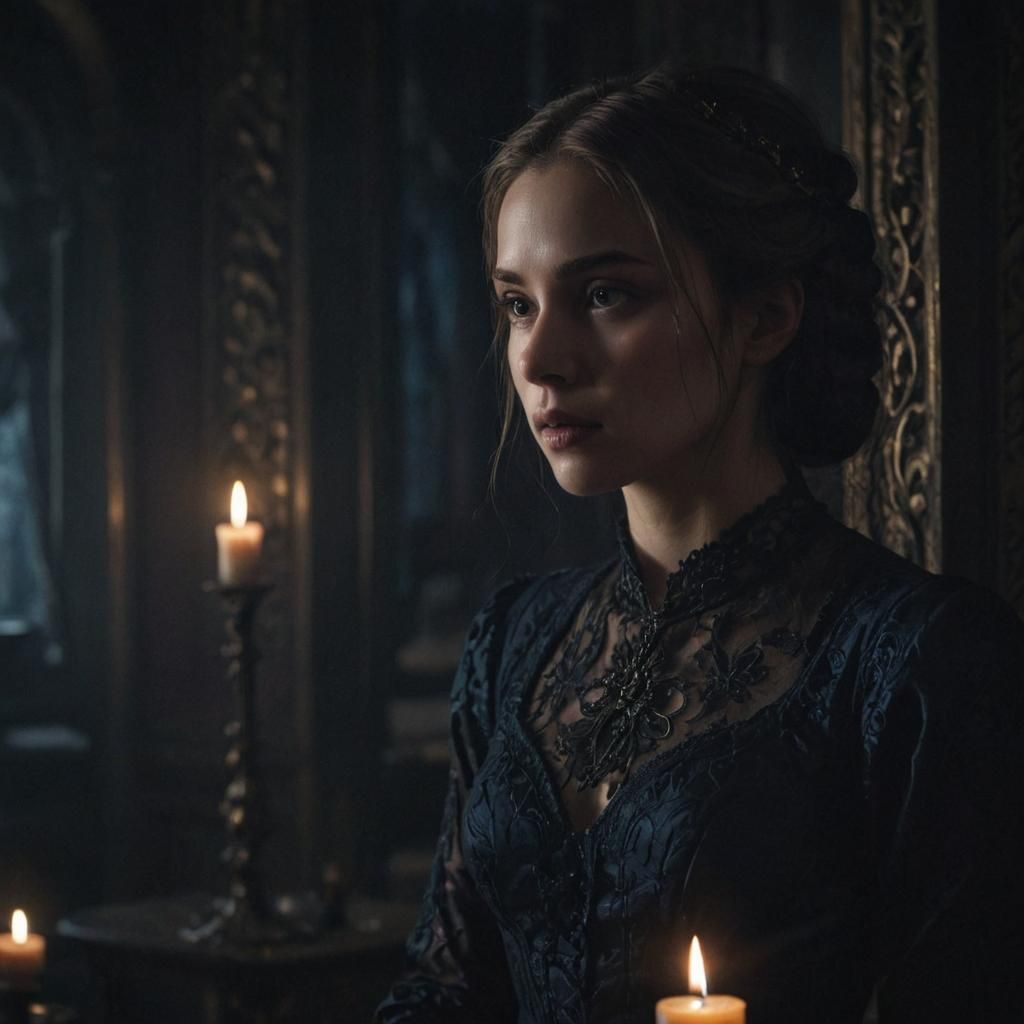 Ominous Dark Fantasy Woman in Shadowy Room