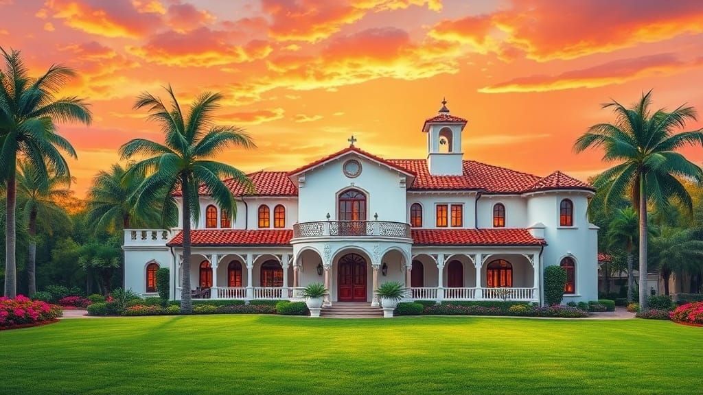 Spanish Colonial House at Sunset, Romantic Realism Style