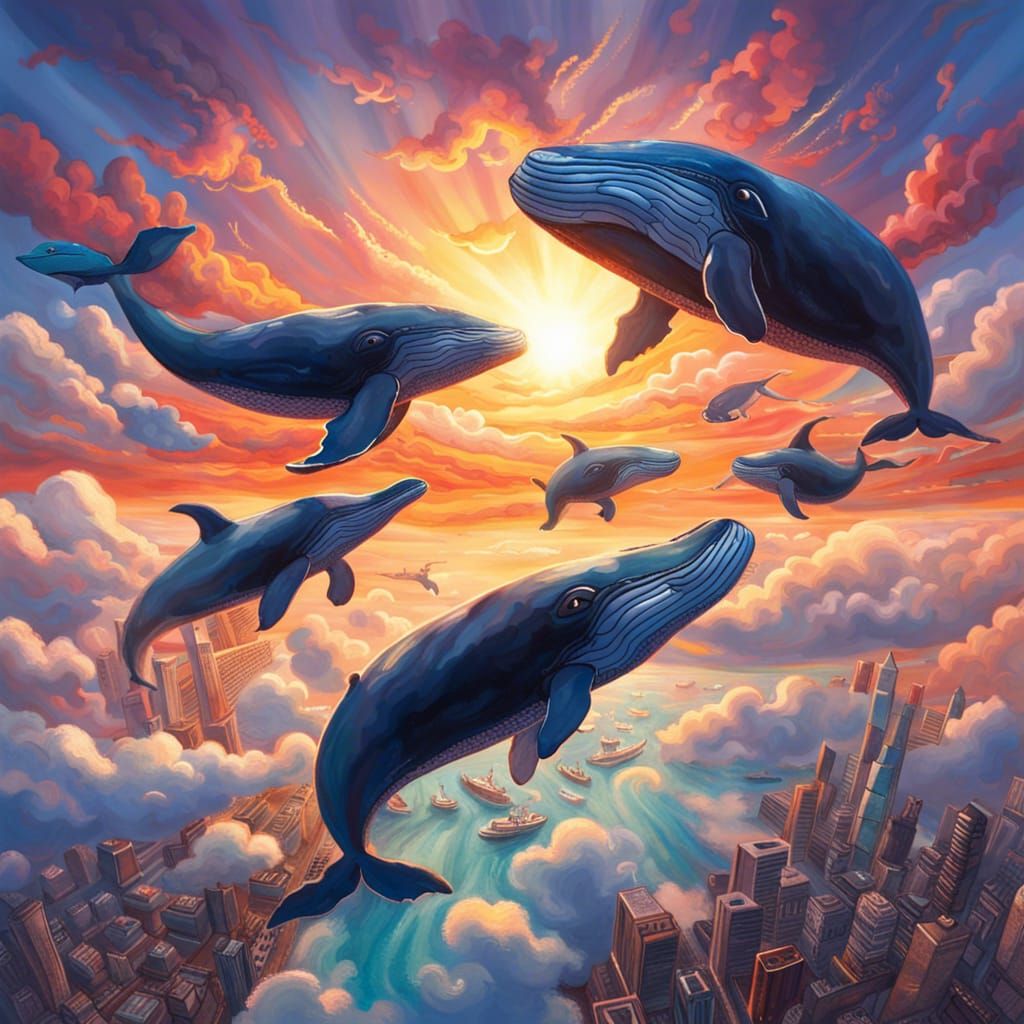 Cloud Whales Soaring Above City at Sunset