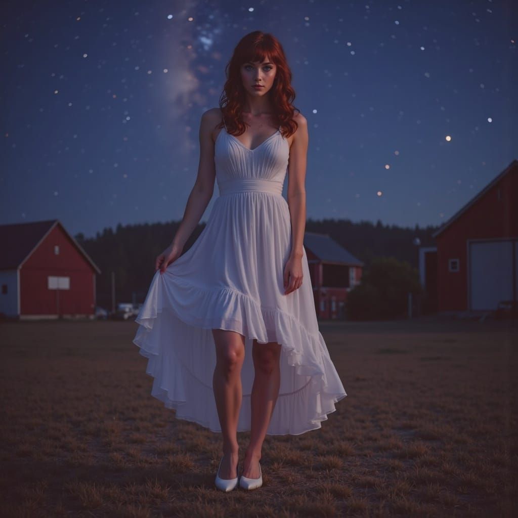 Woman on Farm Under Stars in Detailed Matte Painting