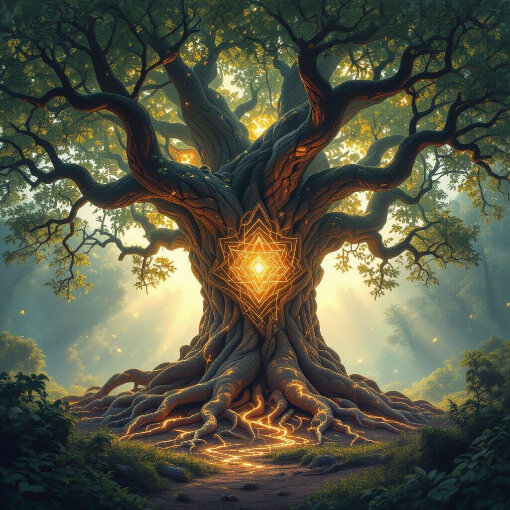 Ethereal Forest Tree with Glowing Geometric Roots