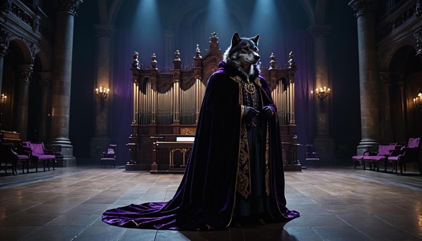 Majestic Wolf Plays Pipe Organ in Moonlit Hall