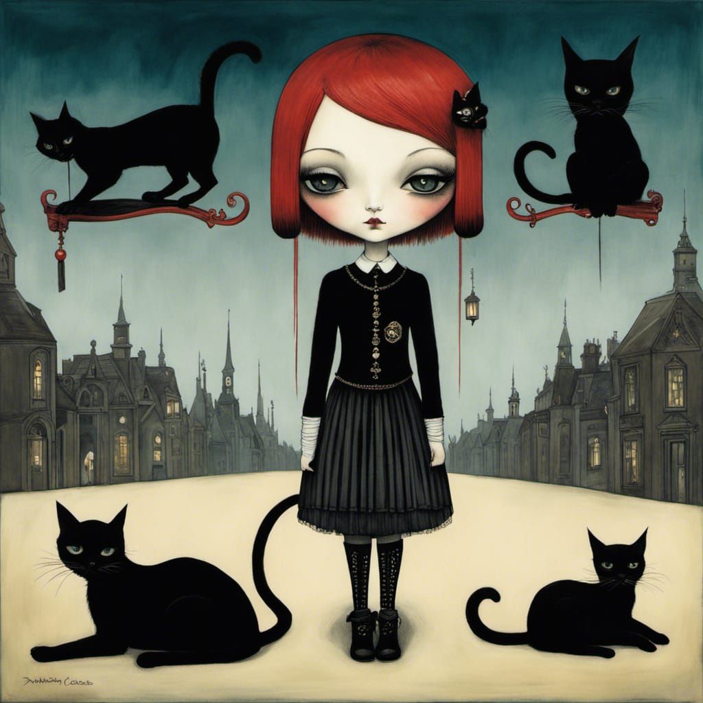 Gothic Punk Girl with Cats in Dark Surrealist Style