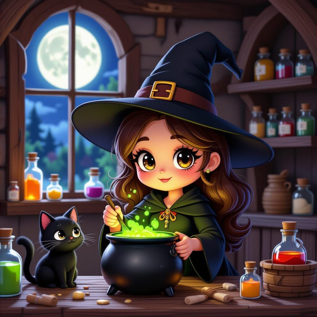 Cute Cartoon Witch Brewing Potion, Digital Art