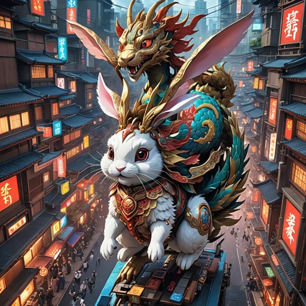 Anime Bunny-Dragon in Cyberpunk Cityscape