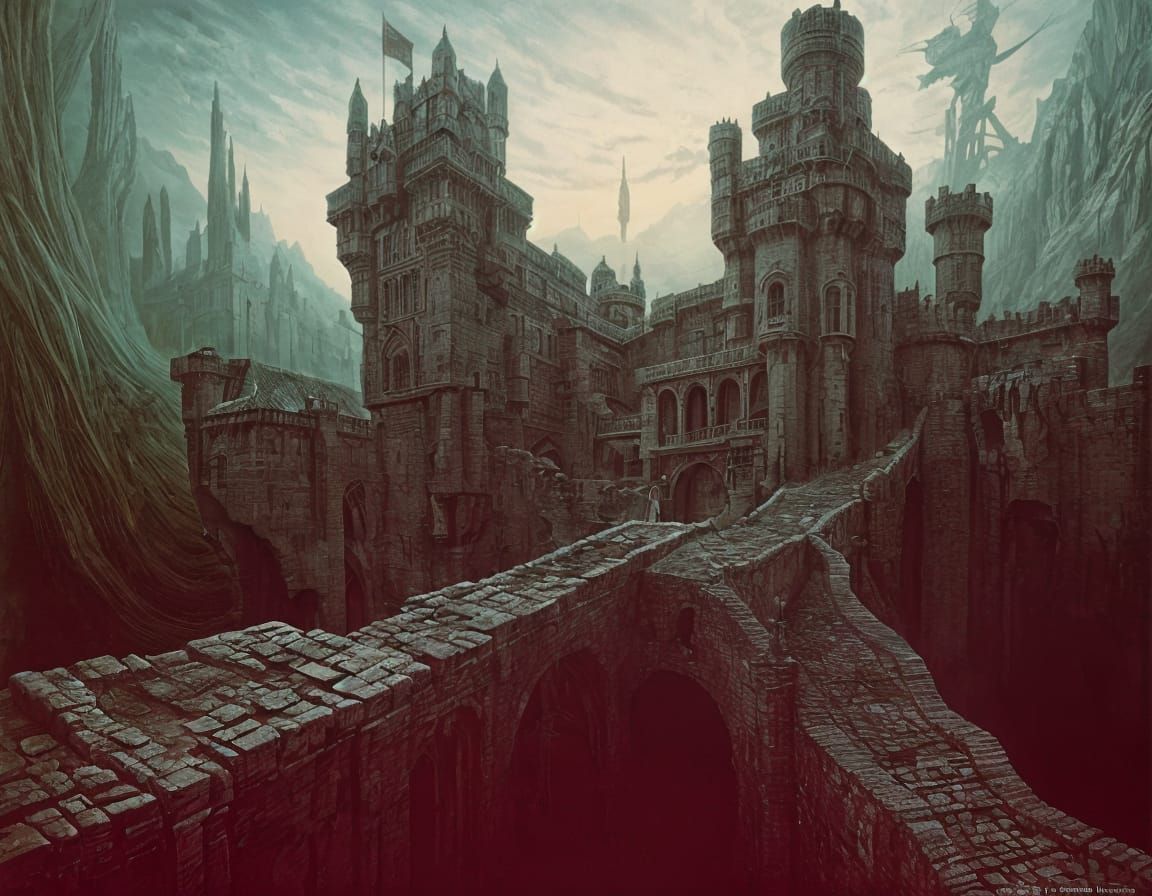 Surreal Castle Painting with Drawbridges and Moats