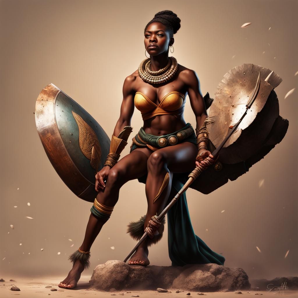 African Female Warrior with Javelin in Splash Art