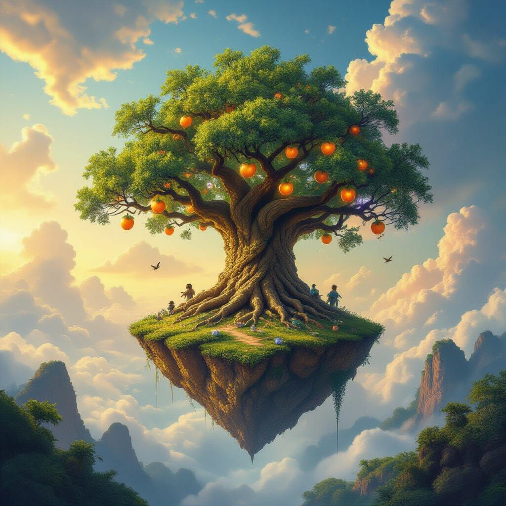 Ancient Tree Lifts Earth as Floating Island, Glowing Fruits