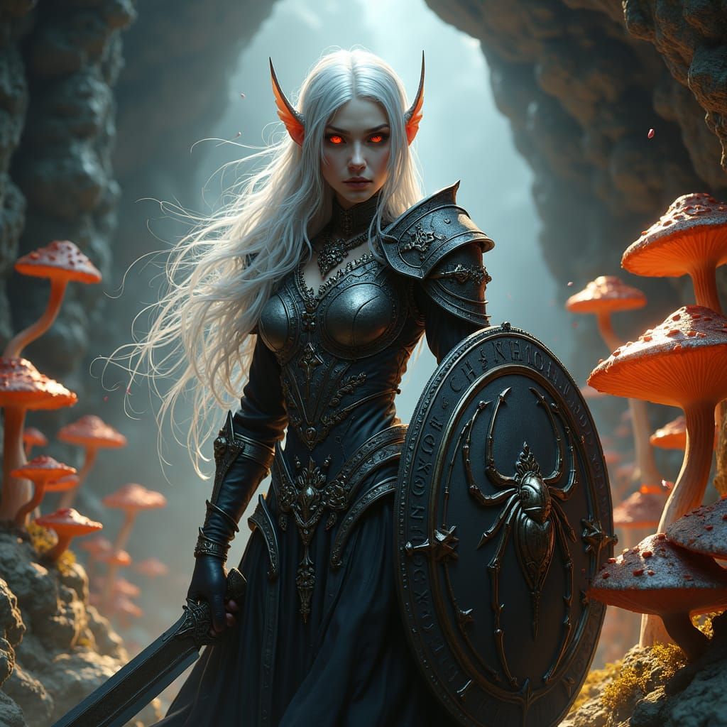 Drow Elf Paladin in Dark Cave: Fantasy Concept Art