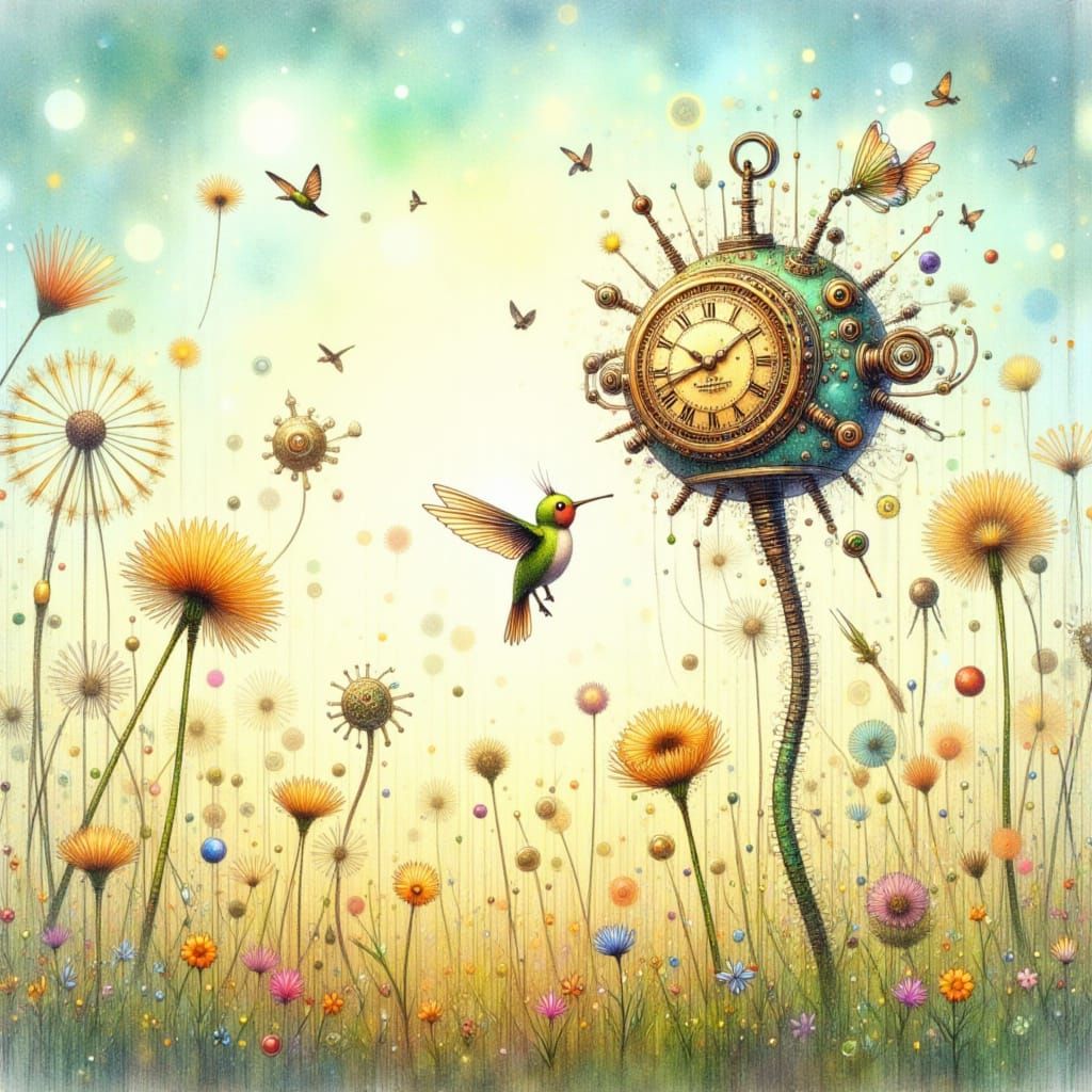 Clockwork Hummingbirds and Giant Dandelions in Watercolor